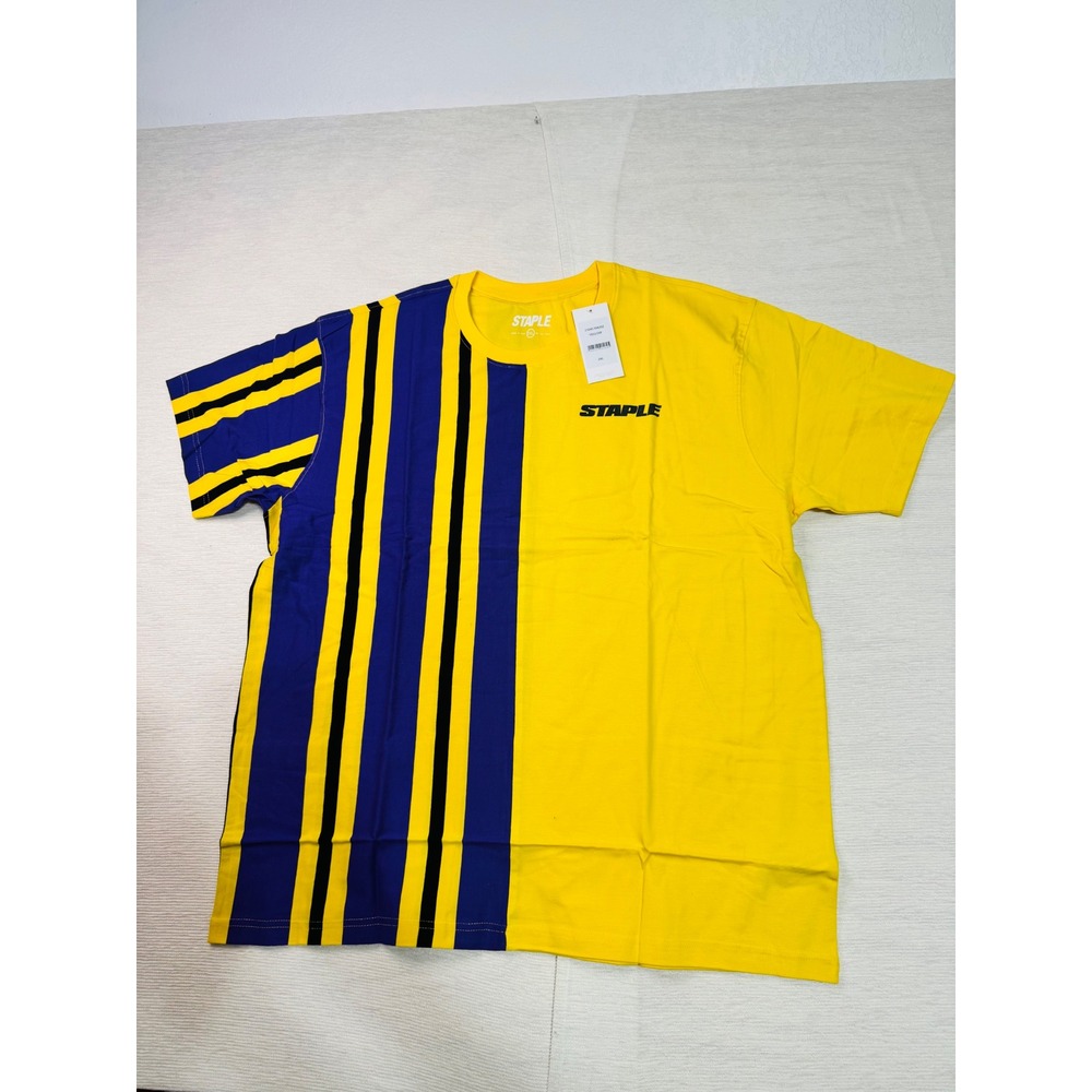 Staple Pigeon Mens 2XL Yellow Blue Striped Split Logo T-Shirt 2104C10425Z NWT